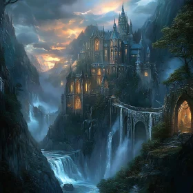 Fantasy Castle Above the Waterfall