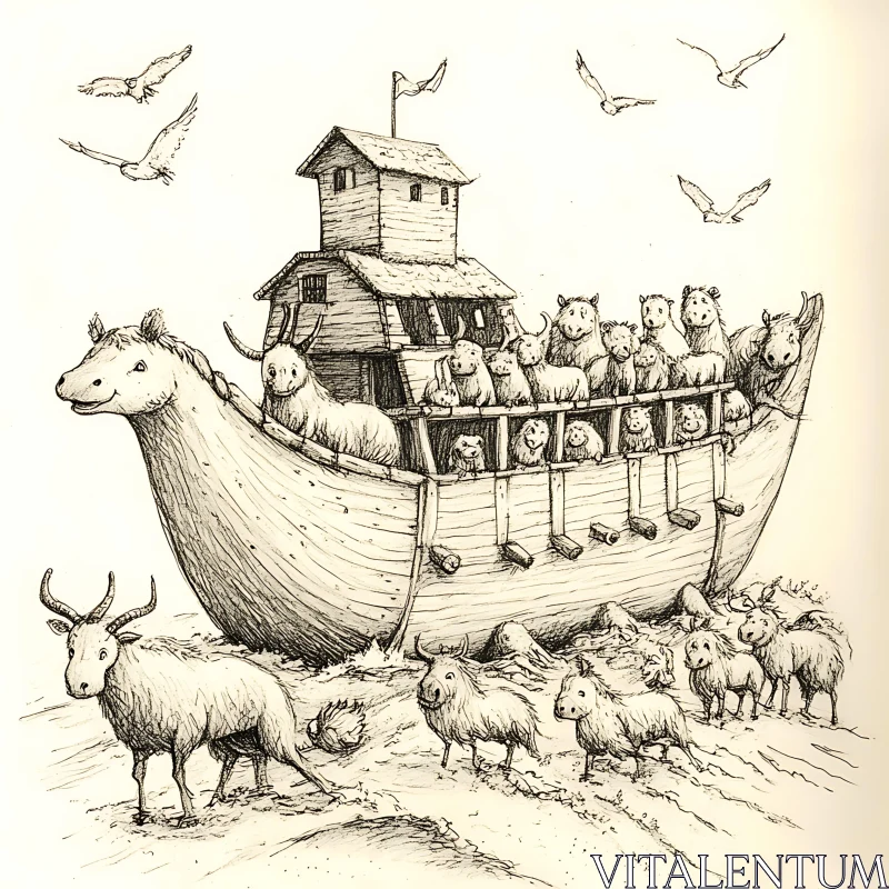 Fantasy Noah's Ark with Animals Ink Drawing AI Image