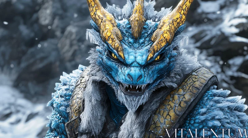 AI ART Icy Blue Dragon with Golden Horns