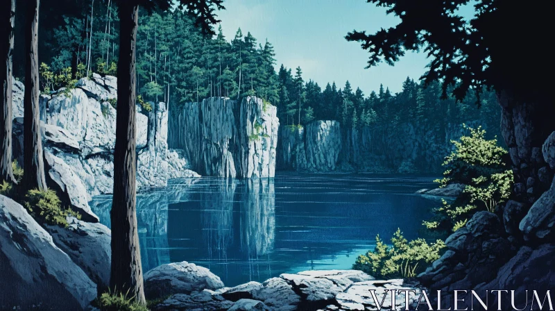 AI ART Tranquil Lake Reflection Amidst Forested Cliffs