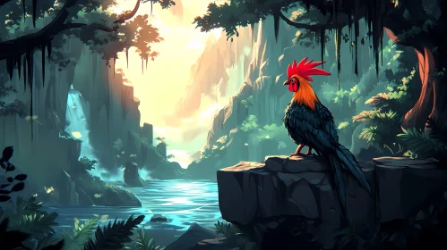 Serene Jungle Landscape with Rooster