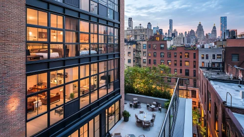 Twilight View of Urban Apartment with Glass Walls