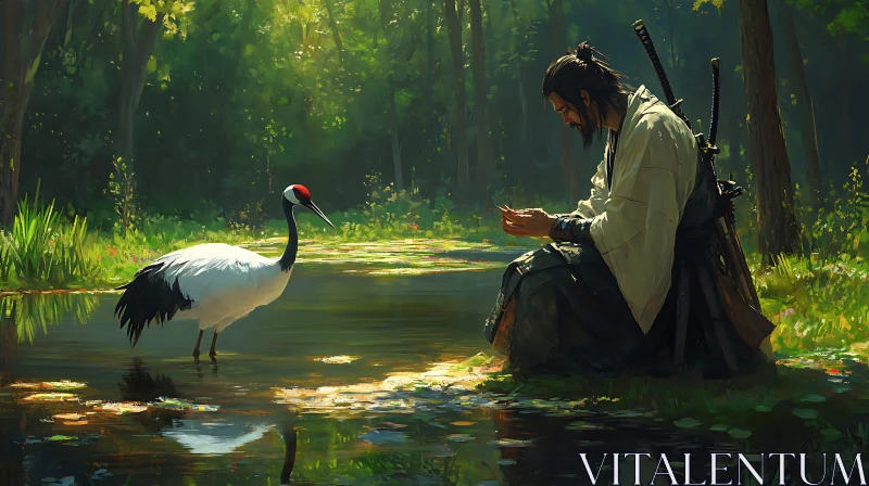 Contemplation by the Pond: Samurai and Crane AI Image