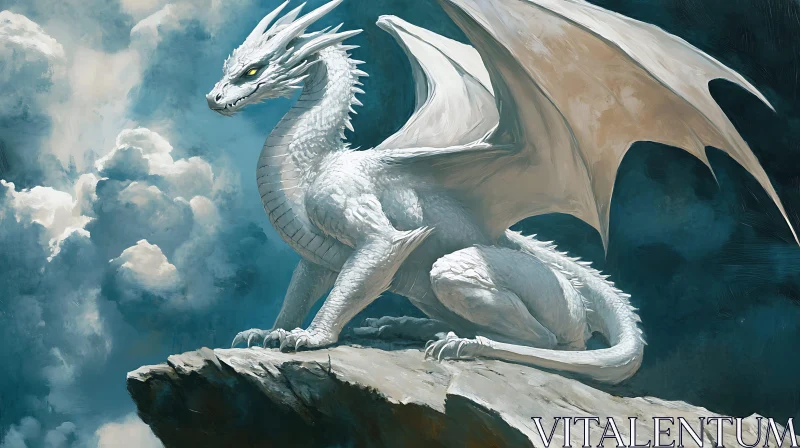 AI ART Albino Dragon Perched on Rocky Peak