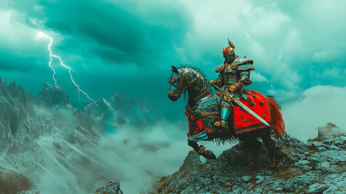 Armored Knight with Horse in Storm