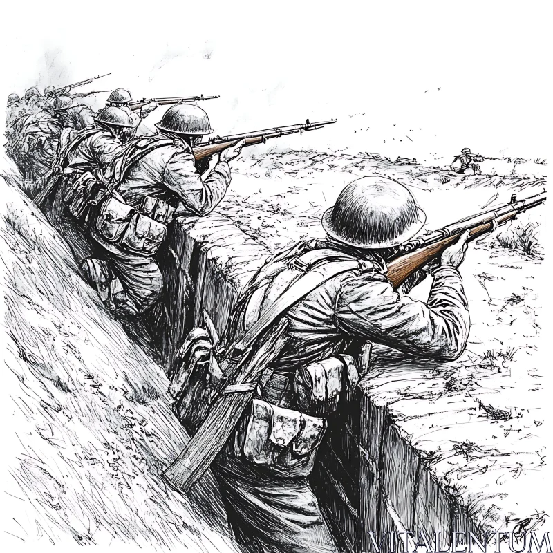 Monochrome Soldiers in Trench Artwork AI Image