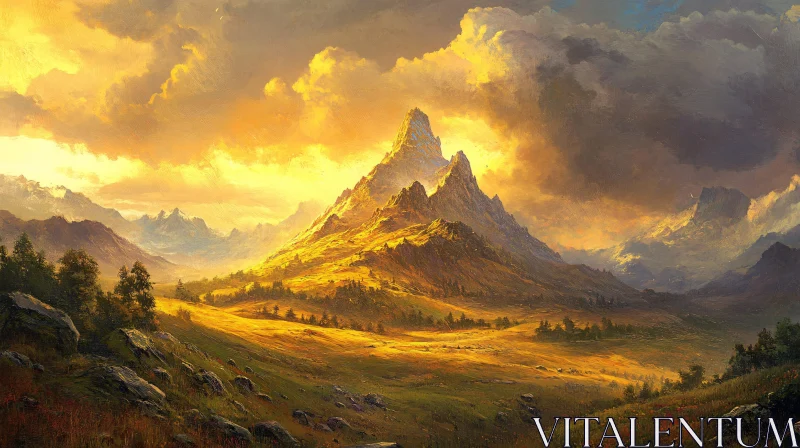 AI ART Golden Sunlight on Majestic Mountains