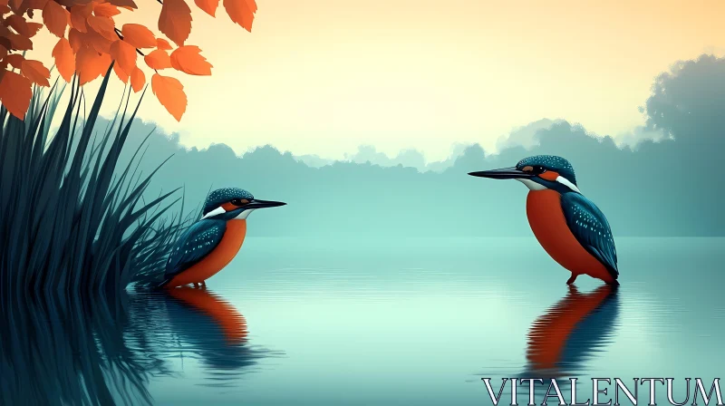 Tranquil Dawn with Kingfishers AI Image