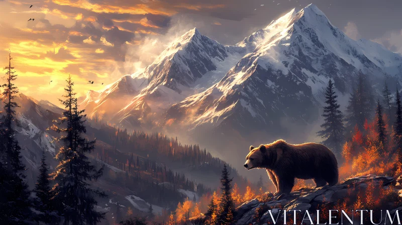 Sunset Over the Mountains with a Solitary Bear AI Image