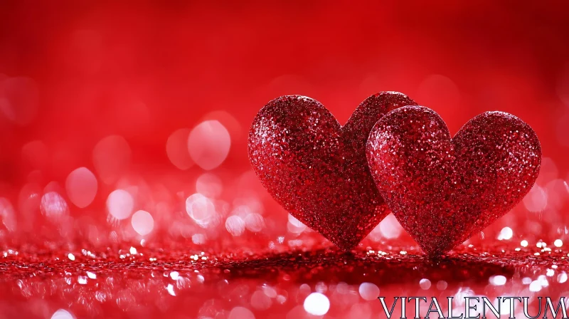 Three Glitter Hearts on Red Background AI Image