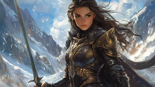 Female Warrior in Snowy Mountain Landscape