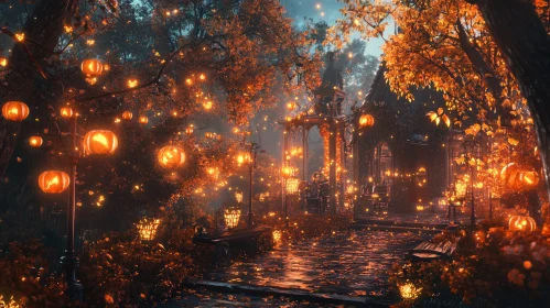 Autumnal Illumination: A Pumpkin-Lit Park Scene