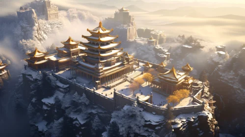 Asian Temple in Winter Mountain Landscape