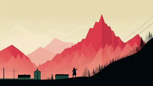 Charming Retro Visuals: A Person Walking near a Red Mountain