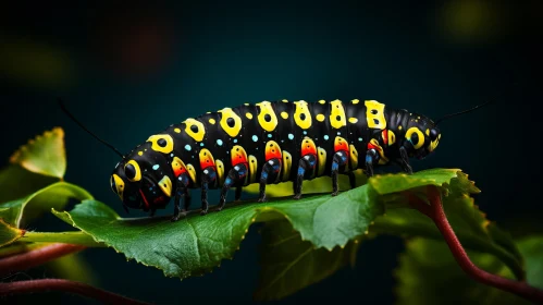 Colorful Caterpillar on Leaf - A Study in Contrast and Intricacy