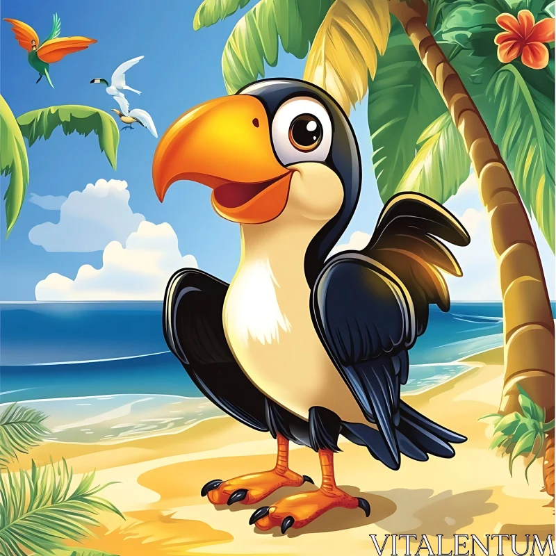 Cheerful Toucan Cartoon Beach Scene AI Image