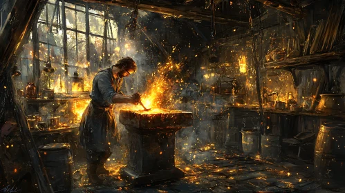 Artisan Blacksmith Shaping Metal with Fire