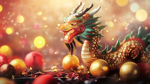 Oriental Dragon Sculpture with Festive Orbs