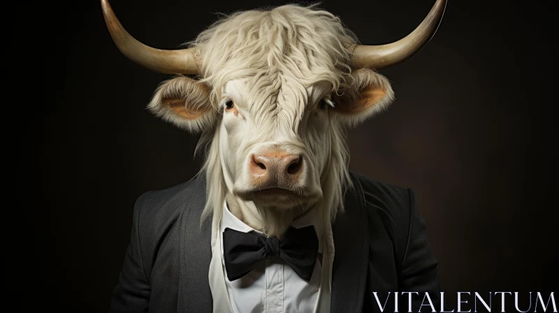 Elegantly Formal Cow in Black Suit: A Classic Rock and Roll Inspired Artwork AI Image