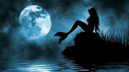 Enchanting Mermaid Silhouette: Moonlit Beauty in Dark Blue