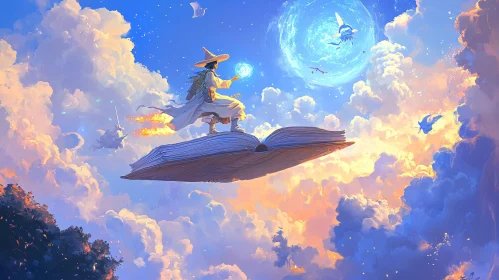 Flying Book Wizard in the Sky