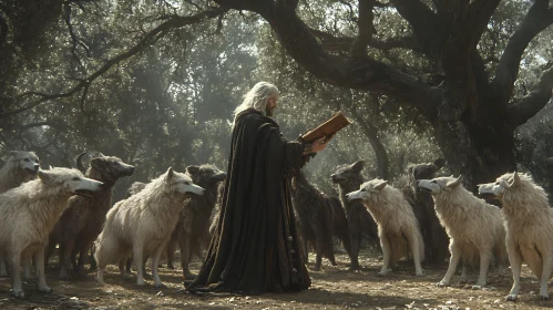 Man Reading to Wolves in Forest