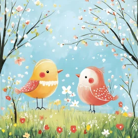 Two Birds in a Floral Spring Landscape