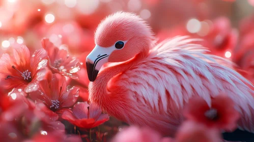 Flamingo Portrait with Red Flowers