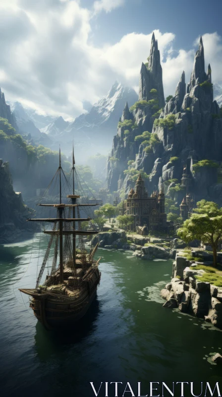 Majestic Pirate Ship Sailing Past Village and Mountains AI Image