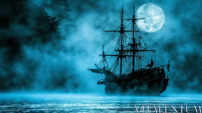 Mysterious Seascape with Dark Ship and Thick Fog AI Image
