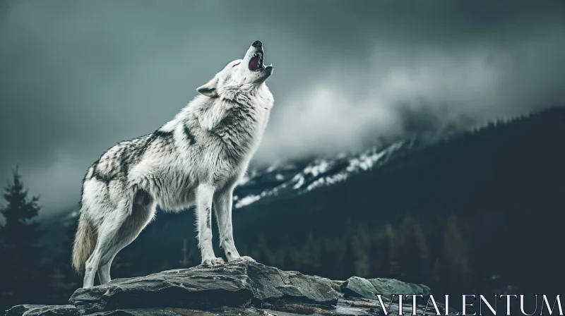Powerful Image of a Howling White Wolf on a Rock AI Image