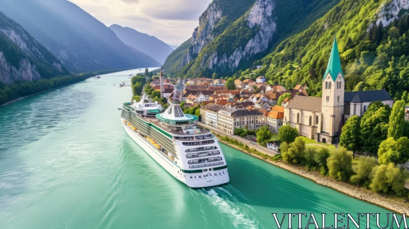 Tranquil Cruise Ship Journey: Emerald Mountains and Serene River AI Image