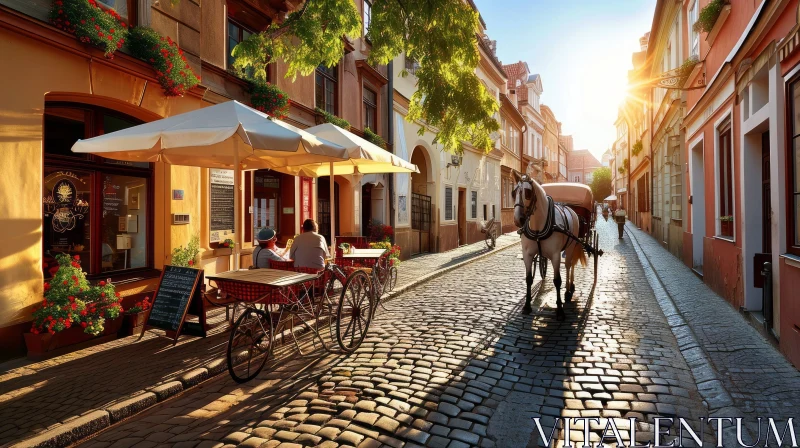 Vibrant Street Scenes: A Horse Drawn Cart on Cobblestone Street AI Image