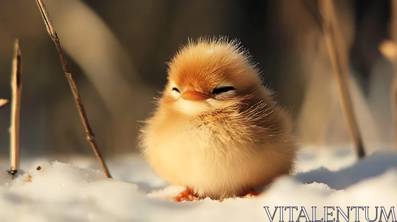 Fluffy Chick Resting in Winter Snow AI Image