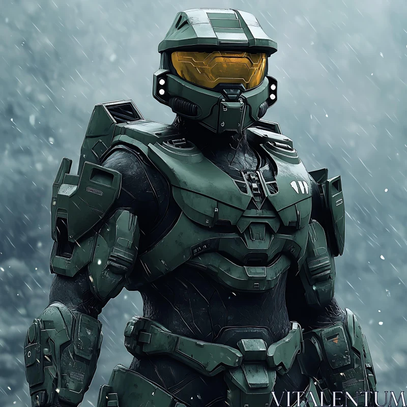 Green Armored Warrior in Winter AI Image