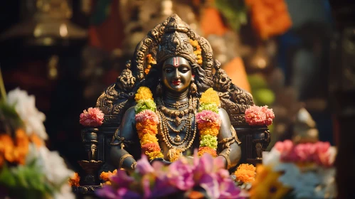 Hindu Deity Sculpture with Flowers