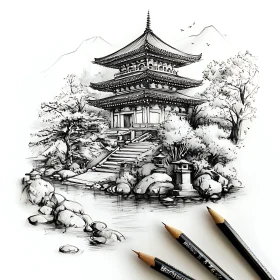 Monochrome Pagoda Drawing with Pencils