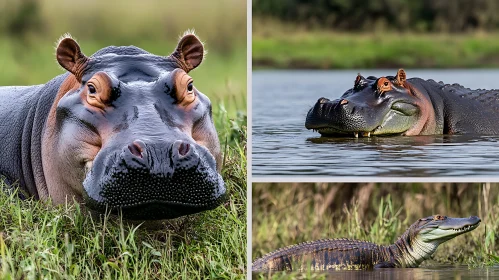 Hippopotamus and Crocodile in the Wild