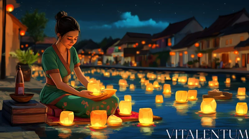 Floating Lanterns Night Scene AI Image