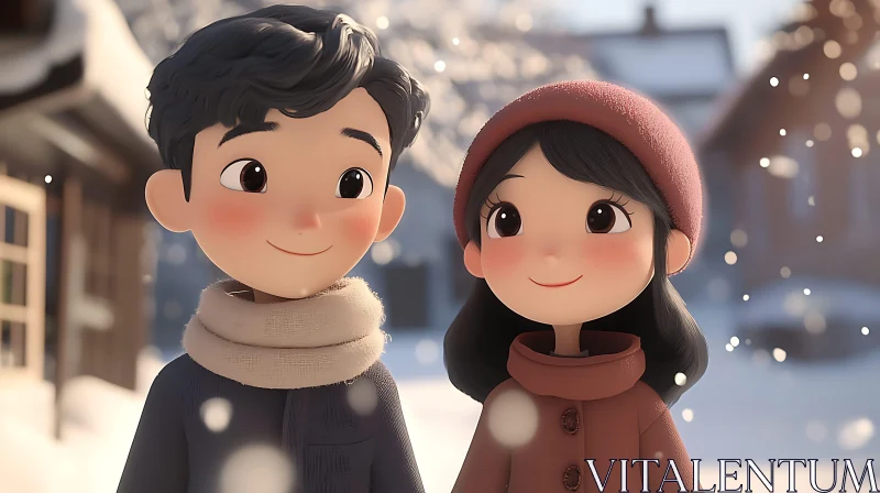 Cartoon Couple in Snowy Winter Scene AI Image