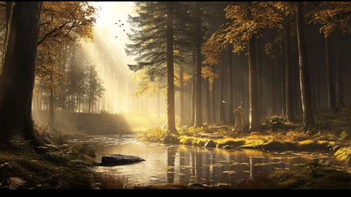 Tranquil Autumn Forest with Sunlit River