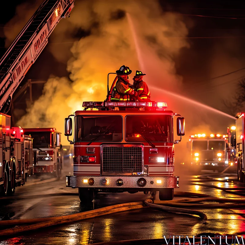 Firefighters Tackling a Fierce Nighttime Blaze AI Image