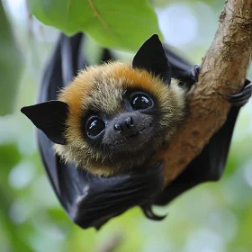 Bat Clinging to a Branch in a Forest
