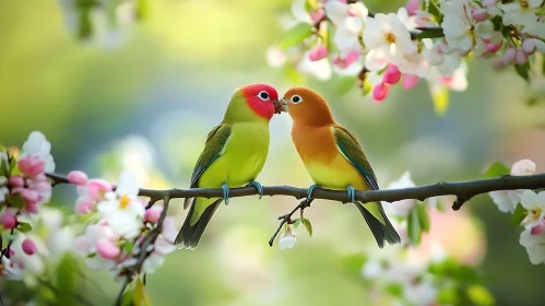 Pair of Lovebirds on Blossoming Branch