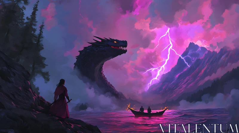 AI ART Epic Dragon Battle Under Lightning Sky