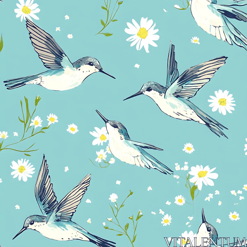 Floral Hummingbird Pattern on Blue AI Image