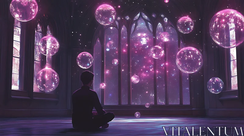 Man Meditating in Cosmic Room AI Image