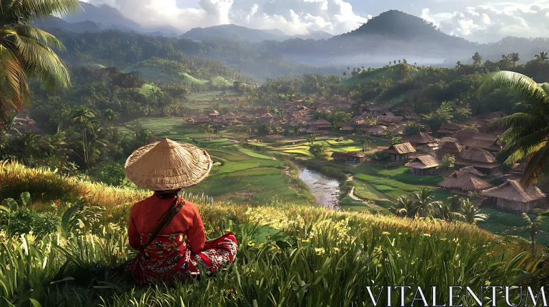 Scenic Rice Field Vista with Local Woman AI Image