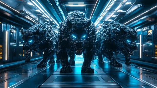 Neon Wolves in Sci-fi Corridor