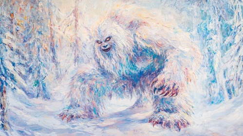 Abominable Snowman Painting in Snowy Landscape